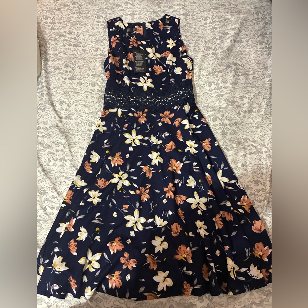 Floral Lace Dress - Navy and Orange